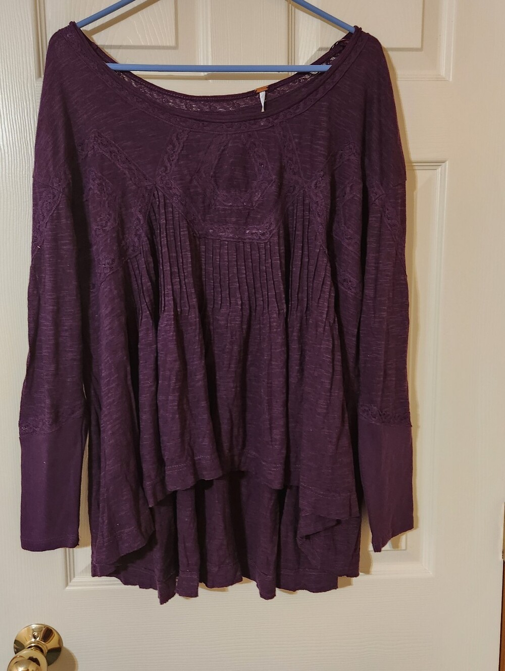 NWT Free People Purple Knit Lace Pleated Scoop Neck Long Sleeve Tunic Top Size M